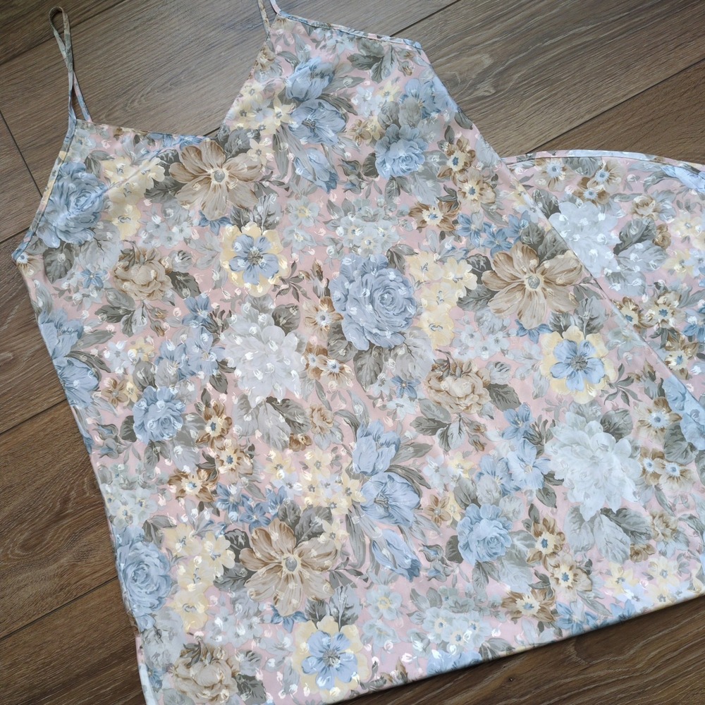 Vtg Diamond Tea Floral Nightgown Slip Dress Spaghetti Strap Side Slit‎ Large